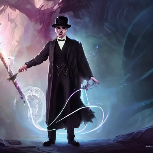 Image similar to portrait of charlie chaplin as a spellcaster, league of legends amazing splashscreen artwork, splash art, natural light, elegant, photorealistic facial features, intricate, fantasy, detailed face, atmospheric lighting, anamorphic lens flare, cinematic lighting, league of legends splash art, hd wallpaper, ultra high details by greg rutkowski