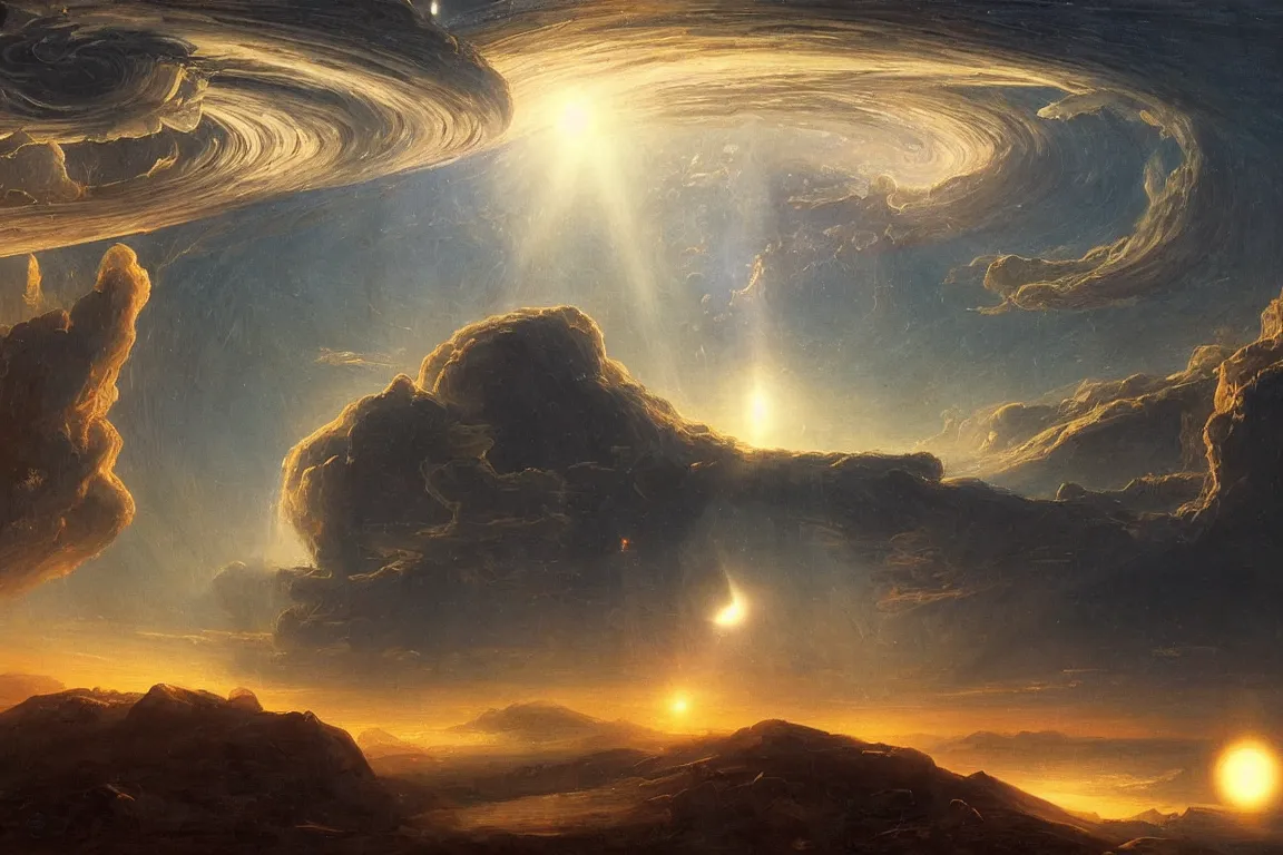 Prompt: strange landscape of alien gas giant with huge black hole in sky, concept art by albert biertadt, thomas cole, frederic edwin church, hudson river school, chesley bonestell, jim burns, majestic, awe - inspiring, breathtaking, volumetric lighting