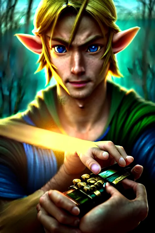 Image similar to cinematic shot of an epic portrait of link from zelda playing hes ocarina, shiny skin, beautiful eyes, beautiful, small details, night setting, realistic poster with volumetric light from craig mallism, artgerm, jeremy lipkin and michael garmash, unreal engine, radiant light, detailed and complex environment, digital art, trends at art station, a masterpiece