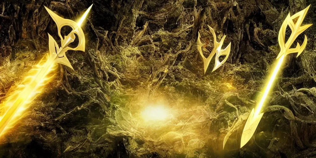 Image similar to the glaive from krull, a large golden ornate magical shuriken, flies thru a ancient forest leaving a trail of particles, the glaive is in sharp focus but the background is blurred