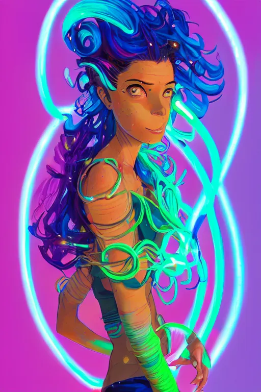 Prompt: a award winning full body portrait of a beautiful woman with stunning eyes in a one off shoulder croptop and cargo pants with rainbow colored hair, outlined by whirling illuminated neon lines and fine lines swirling in circles by jesper ejsing and rhads and makoto and shinkai and lois van baarle, digital art, trending on artstation