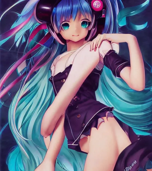 Prompt: Anime art of beautiful Hatsune miku with beautifel legs by artgerm, rossdraws, Norman Rockwell, magali villeneuve, Gil Elvgren, Alberto Vargas, Earl Moran, Enoch Bolles, summer dress