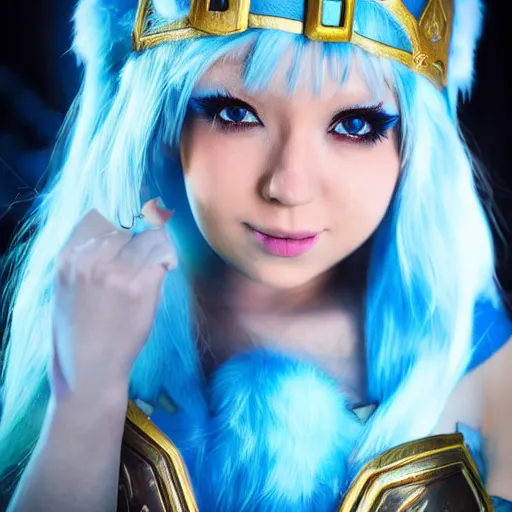Prompt: photograph of a girl cosplaying Crystal Maiden from Dota 2, HD, award winning photography, uploaded on Facebook, highly detailed, Dota2!!!!! ice!!!