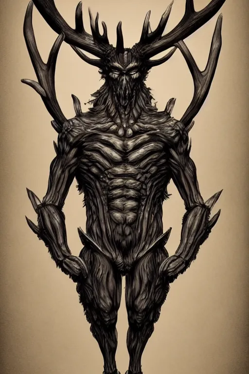 Image similar to humanoid figure monster with antlers, highly detailed, digital art, sharp focus, trending on art station, kentaro miura manga art style