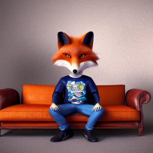 Prompt: an anthropomorphic fox wearing a t-shirt and jeans sitting on a couch, 8k resolution matte fantasy painting, cinematic lighting, DeviantArt, Artstation, furry, anthro, anthropomorphic, furaffinity