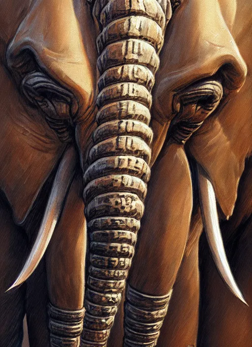 Prompt: portrait of two armored war - elephants, asian elephant, fight scene, closeup portrait, historical, ethnic decoration, elegant, loin cloth, highly detailed, oil painting, artstation, concept art, matte, sharp focus, illustration, hearthstone, art by earl norem