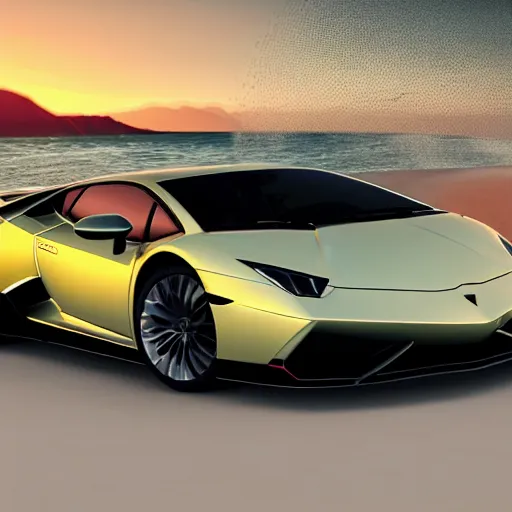 Prompt: luxury sports car driving near sea in the sunset, lamborghini design, automotiv design, unreal engine, dynamic perspective, cinematic light, 4 k