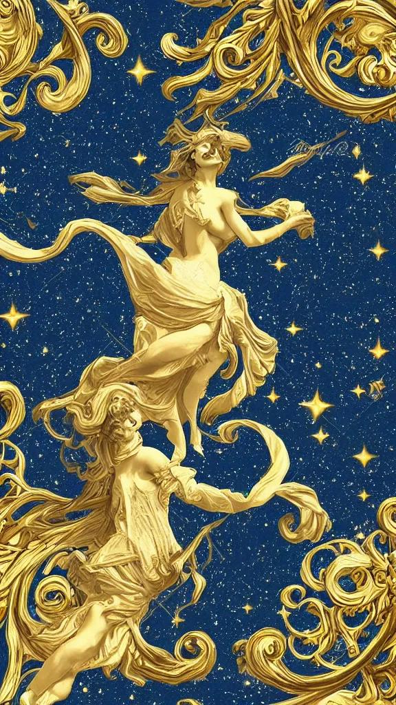 Prompt: sky in a starry night with glowing meteor showers, ascension of a woman decomposing and dissolving into moon, dark - blue black gold beige saturated, ornate baroque rococo art nouveau intricate detail, 3 d specular lighting, cinematic, blur