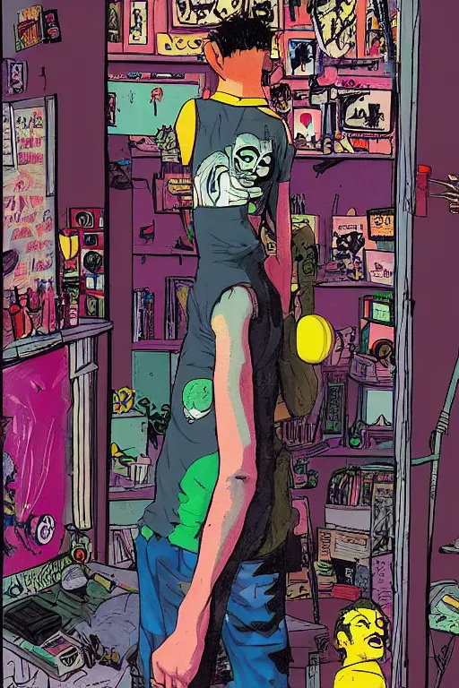 Image similar to a skinny goth guy standing in a cluttered 9 0 s bedroom by jamie hewlett, back view, jamie hewlett art, full body character concept art, vaporwave colors,