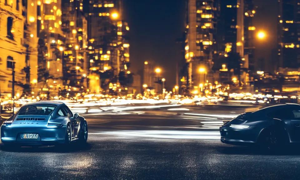 Image similar to photo of a porsche 911 at night driving fast through a city, cinematic, 4k, long exposure photography