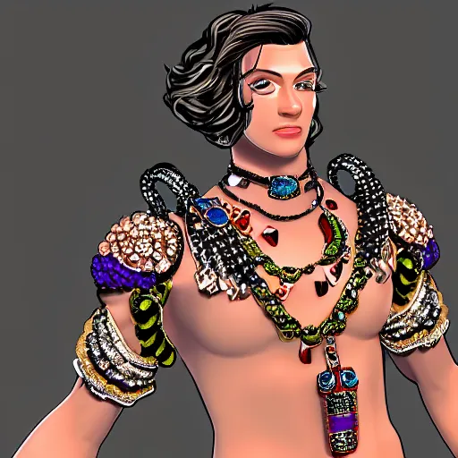 Prompt: a character model design of a handsome young man wearing excessive jewelry in a tasteful way