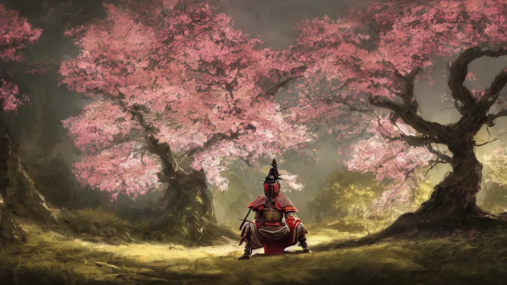 Image similar to beautiful painting of an armoured samurai meditating under a blossom tree, realistic, digital painting, concept art, matte painting, cinematic night lighting, 8 k, highly detailed, detailed terrain