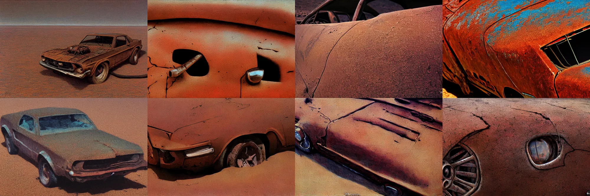 Prompt: closeup of rusty mustang, full car, weathered, desert, cracked dry lake bed, by Zdzislaw Beksinski, Norman Rockwell, al duke, Valter de Morais, highly detailed, soft lighting, film grain, 8k resolution, hd, oil on canvas