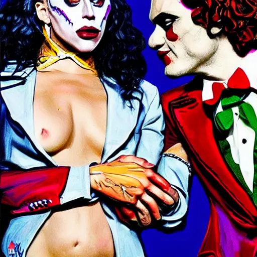 Image similar to ilya yefimovich repin and mimmo rottela as joaquin phoenix skinny joker holding hand lady gaga harley queen, ultra photorealistic, intricate details, pop art style, concept art, confident posse, random object details, 3 colours, warm color, 4 k, ultra smooth, sharp focus