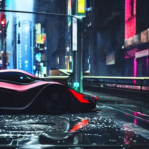 Prompt: supercar on wet street in the city, cyberpunk, octane