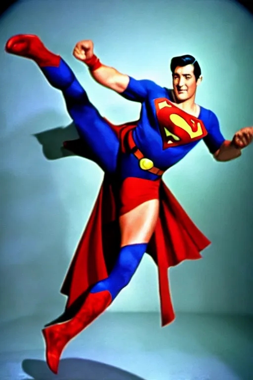 Image similar to rock hudson playing superman in, superhero, dynamic, 3 5 mm lens, heroic, studio lighting, in colour