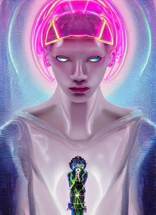 Prompt: photo of fullbodied baroque and bladerunner delicate neon diamond sculpture of seductive onyx albino marble prince kai harvatz dotado pink iridescent humanoid deity wearing blue plastic hooded cloak holding an glass skull in a onyx alien dungeon, reclining, glowing magenta face, crown of white diamonds, cinematic lighting, photorealistic, octane render 8 k depth of field 3 d