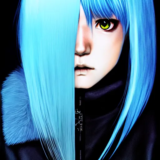 Image similar to full face shot of rimuru tempest, sky blue straight hair, long bangs, with amber eyes, wearing a black jacket, high collar, ultra detailed, concept art, award winning photography, digital painting, cinematic, wlop artstation, closeup, pixiv, evil, yoshitaka amano, andy warhol, ilya kuvshinov,