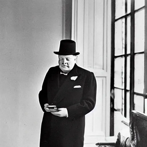 Image similar to A black and white photograph, circa 1940s, of Winston Churchill looking down at his smartphone