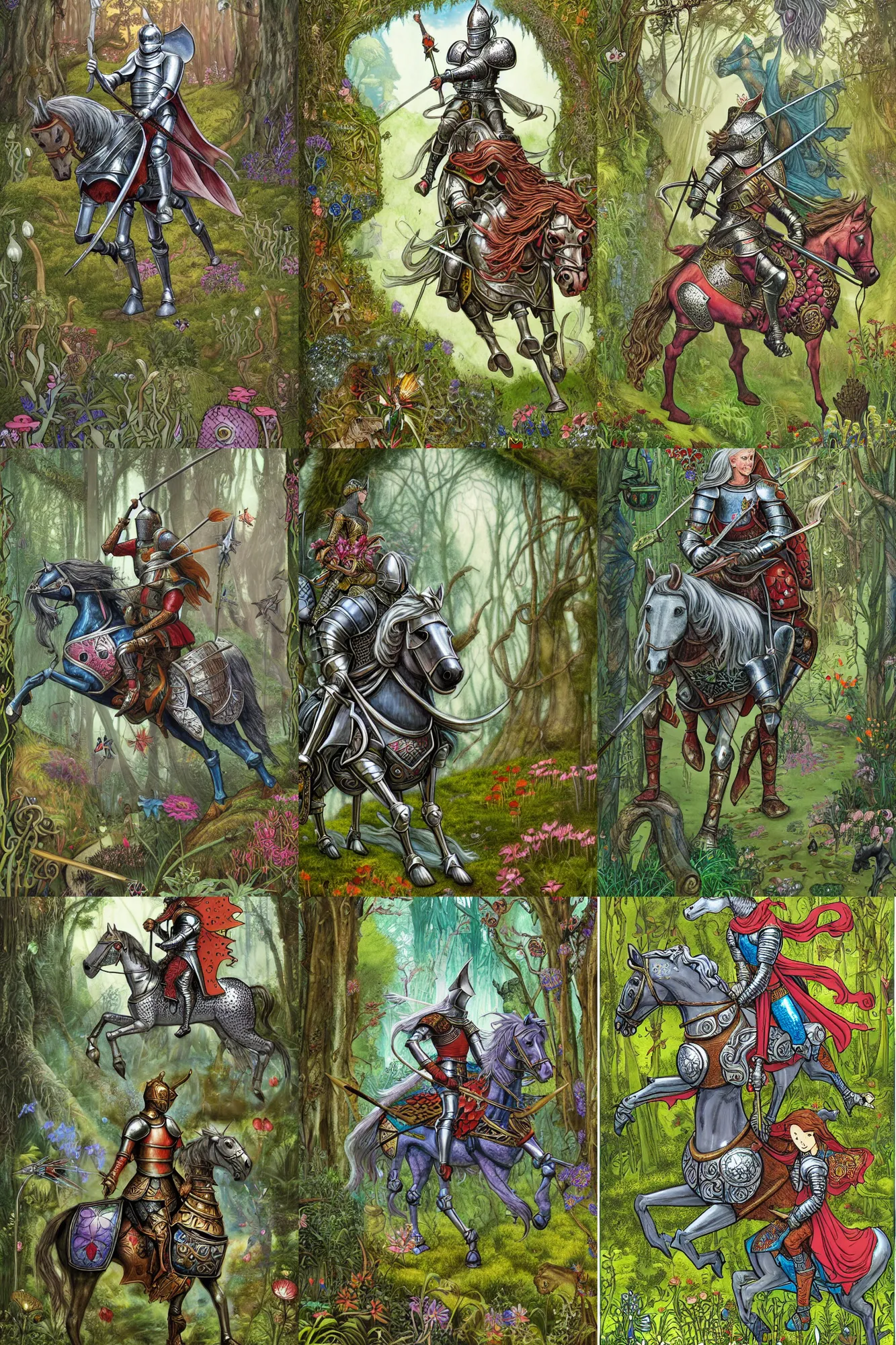 Prompt: medieval knight riding a horse in a magic kingdom overgrown by moss and plants, shiny armor, enchanted forest with fairies, wizards and magic mushrooms in the background, illustrated by james jean, very detailed and colorful and ornamental and floral, comicbook cover