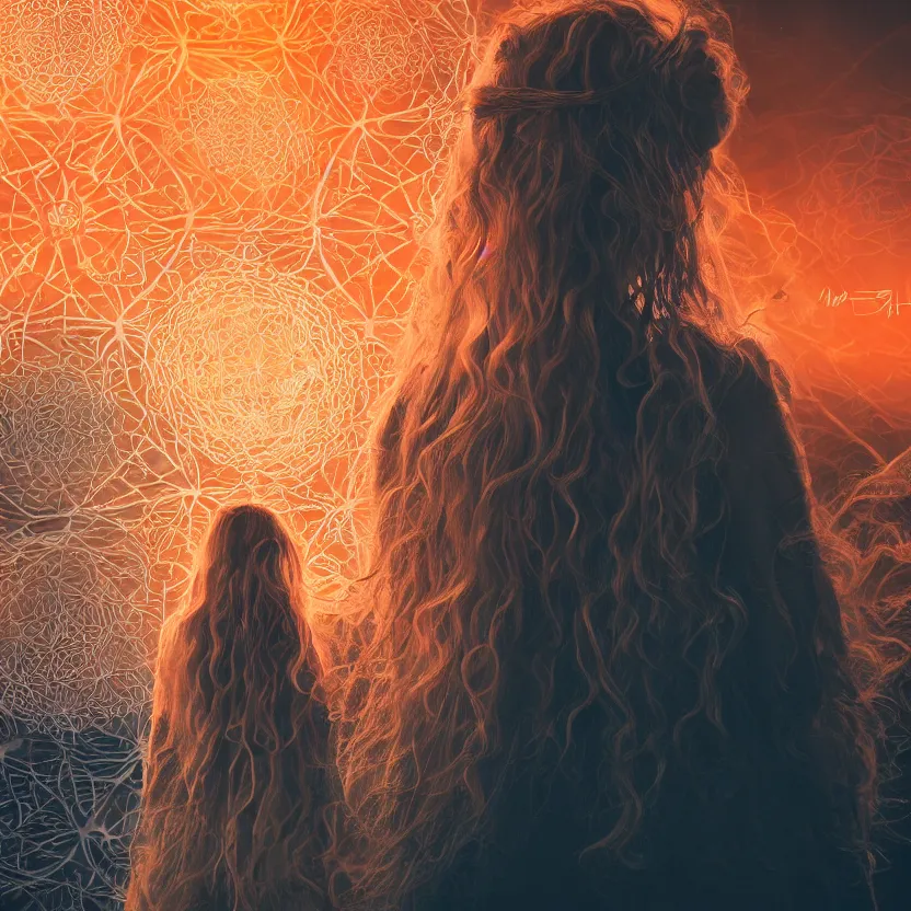 Prompt: closeup portrait of a beautiful guard with wavy blonde hair seen from the back in front of a dystopian (orange fog) merkabah flower of life cyberpunk ultra realistic 4K