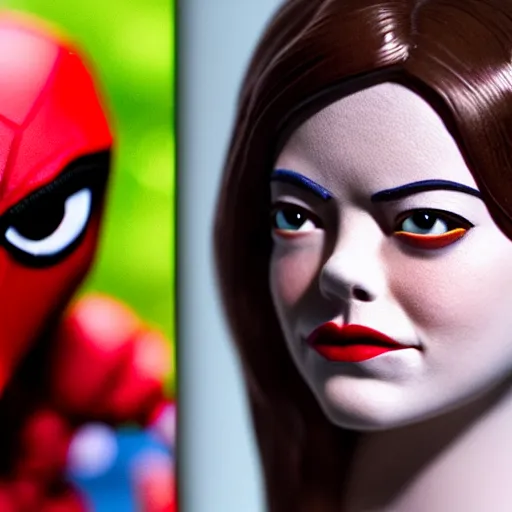 Image similar to a cinematic film still of a claymation stop motion film starring emma stone as red hood and andrew garfield as wolf, brunette hair, shallow depth of field, 8 0 mm, f 1. 8