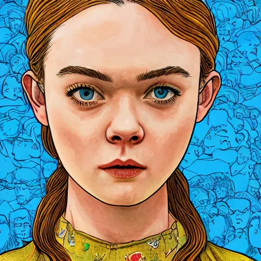 Image similar to professional painting of Elle Fanning in the style of Geof Darrow, head and shoulders portrait, symmetrical facial features, smooth, sharp focus, illustration, intricate, stormy weather, extremely detailed masterpiece,