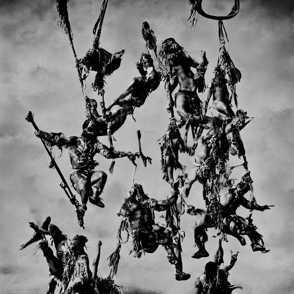 Prompt: Maori warrior during ancient extreme sports on parachute by david lachapelle, old photo, black and white, vintage