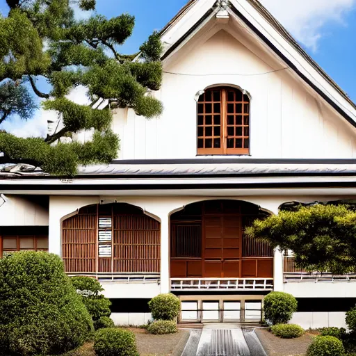 Prompt: photo of exterior of a historic house with Japanese and French inspired architecture