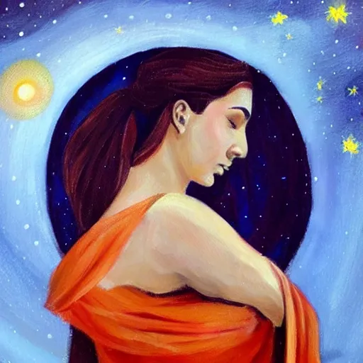 Image similar to beautiful ancient greek girl dreaming of galaxies, painting