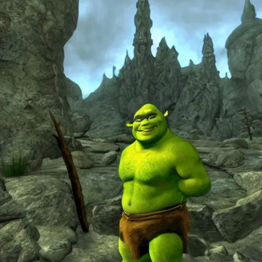 Prompt: shrek as the main character of skyrim