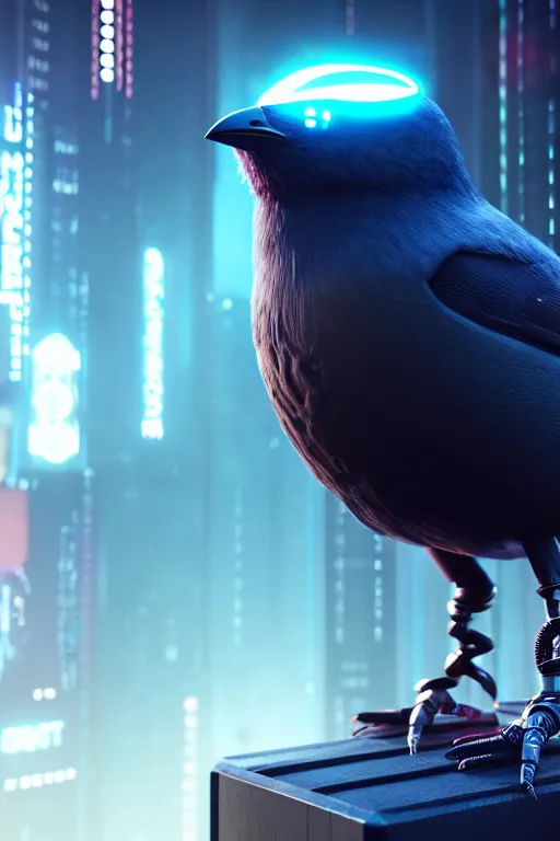 Image similar to high quality 3 d render very cute cyborg crow! sings into big microphone!, cyberpunk highly detailed, unreal engine cinematic smooth, in the style of blade runner & detective pikachu, hannah yata charlie immer, moody light, low angle, uhd 8 k, sharp focus