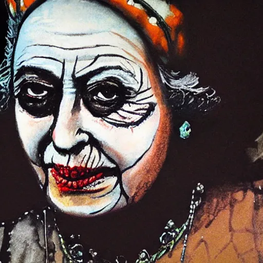 Image similar to close - up of queen elizabeth face painted as an old beggar by ralph steadman