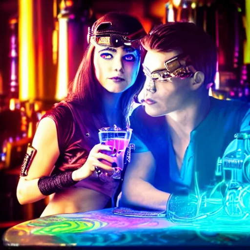 Prompt: a female and a male cyborg with magic glowing multicolored eyes and a steampunk diadem drinking a multicolored magic drink in a bar, highly detailed photo, nice lighting, smooth tiny details, soft and clear shadows, low contrast, perfect