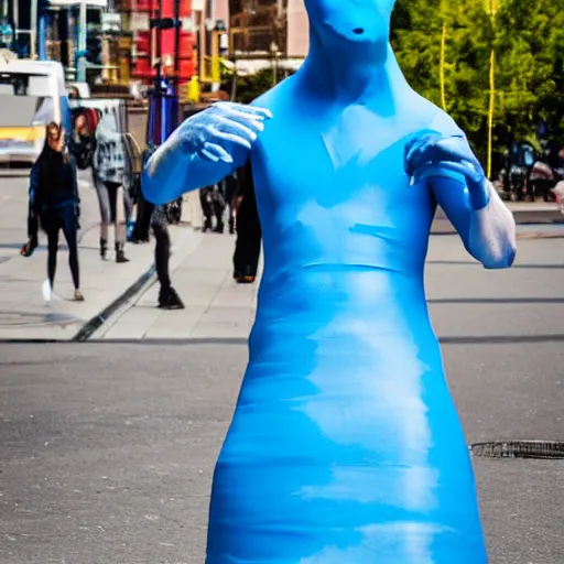 Prompt: surrealist conehead blue man group street performers photography