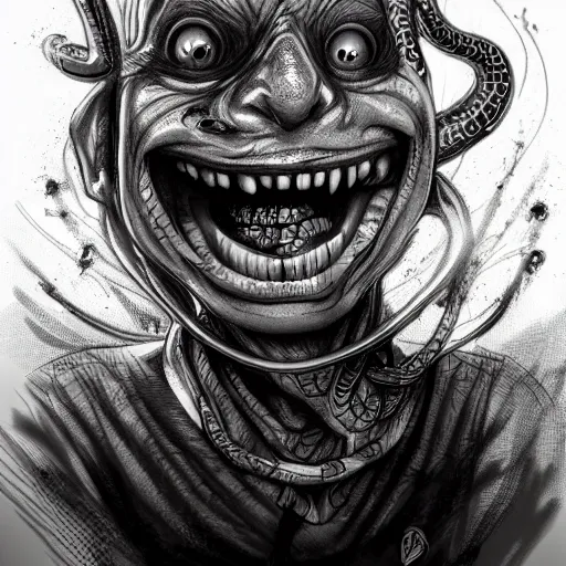 Prompt: grunge cartoon sketch of a human snake mix with a wide smile by - michael karcz, loony toons style, horror theme, detailed, elegant, intricate