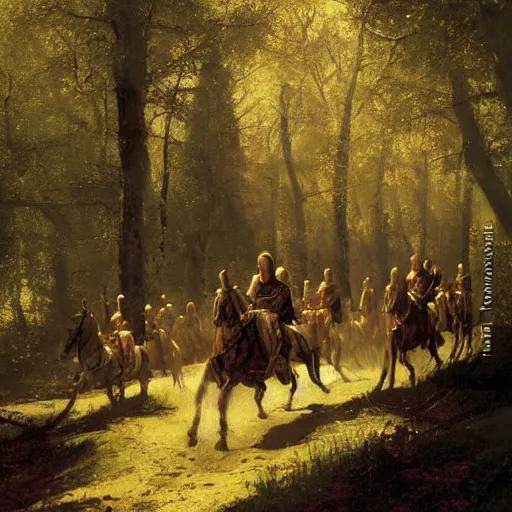 Prompt: a group of medieval european knights are riding in a column through a dark wood along a small stream, highly detailed, digital painting, sharp focus, by alber bierstadt greg rutkowski