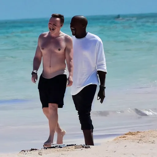 Image similar to elon musk and kanye west happy smiling laughing walking around the beach in aruba