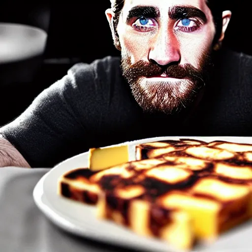 Image similar to food photography of jake gyllenhaal's face fused with halloumi cheese ( ( white halloumi cheese hybrid with jake gyllenhaal face ) ), jake gyllenhaal sentient cheese man, by greg rutkowski