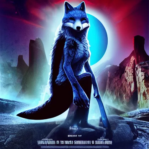 Image similar to modern action adventure movie poster, featuring in anthropomorphic blue fox in a hoodie, promotional movie poster print