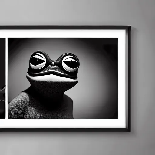 Image similar to portrait of Pepe the Frog as James Bond, photography by Cecil Beaton, Hollywood style lighting, black and white, photorealistic