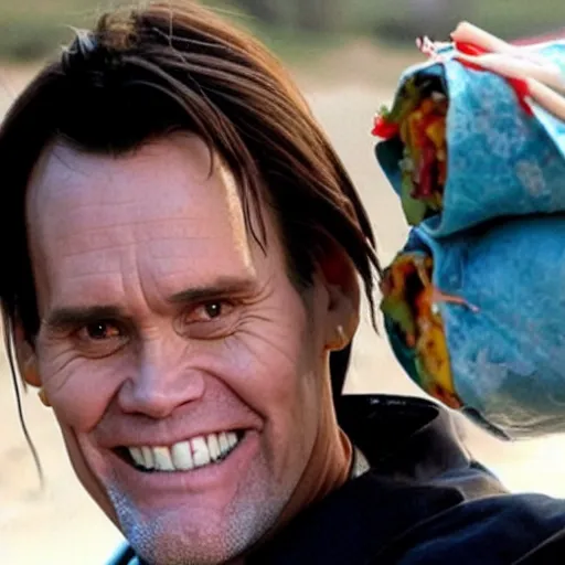 Image similar to jim carrey's head inside of a burrito, inside burrito, inside burrito