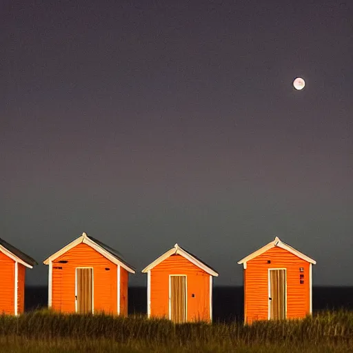 Prompt: there was a lovely orange super moon over the beach huts and the isle of wight, photo take by a professional landscape photographer