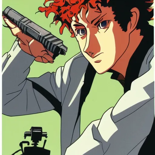 Prompt: spike spiegel contemplatively looking at a human skull in his outstretched left hand like Hamlet, cowboy bebop,
