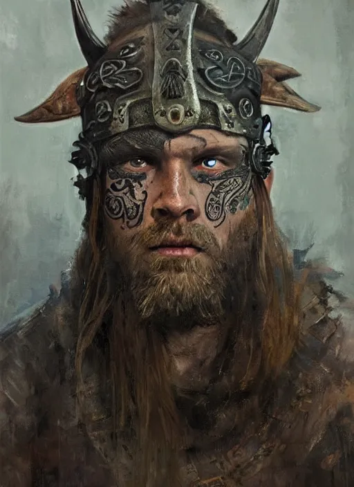 Prompt: portrait painting of viking berserker with celtic face tattoos wearing a dinosaur headdress, by jeremy mann, only one head single portrait