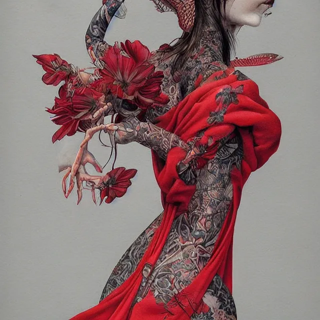 Image similar to ultra realistic illustration, beautiful woman dressed in red kimono, backview, tattoos, in the style of gerald brom by weta digital and beth cavener, high face symmetry, intricate, masterpiece, award winning, high face symmetry, intricate