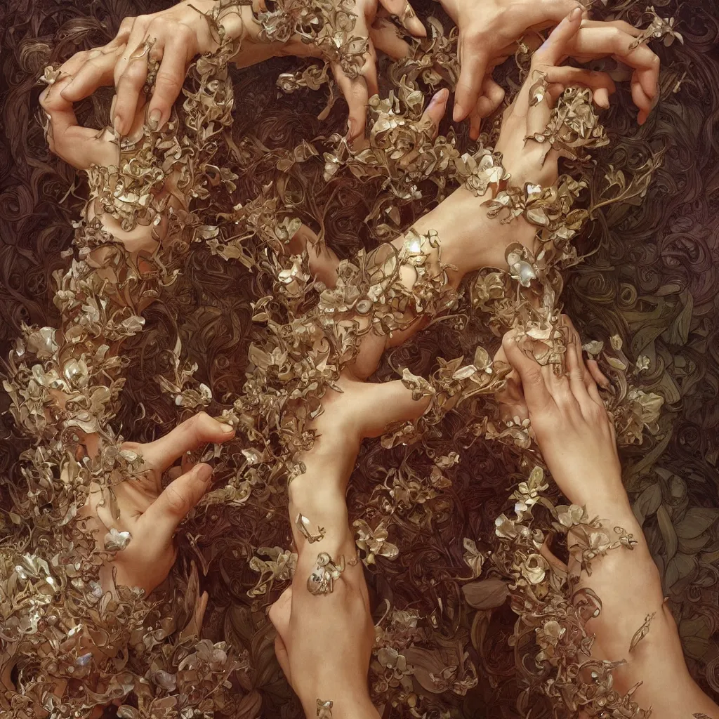 Image similar to too many hands, gnarled, so many hands, fingers, weird amount of hands, fantasy, intricate, elegant, highly detailed, digital painting, artstation, concept art, smooth, sharp focus, illustration, art by artgerm and greg rutkowski and alphonse mucha