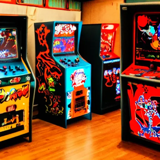 Image similar to grimey japanese retro arcade filled with satanic arcade cabinets, demonic, 9 0's gaming, satanic