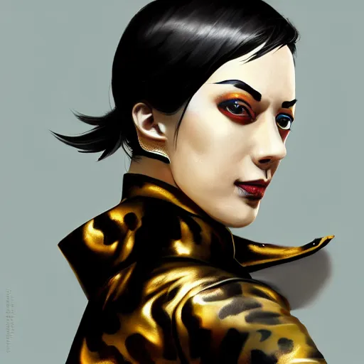 Image similar to Goro Majima as slim girl, gold suit jacket in snake print, black leather gloves, short black hair, black eye patch, elegant, 2d, ultra highly detailed, digital painting, smooth, sharp focus, artstation, art by Ilya Kuvshinov