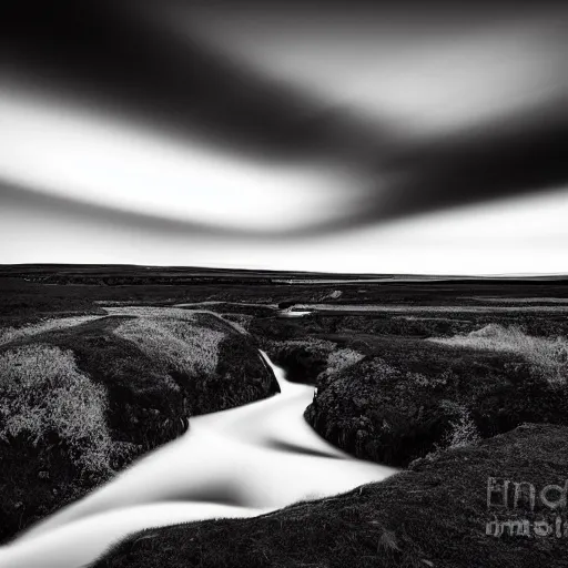 Image similar to minimalist black and white photograph, of an icelandic canyon, time exposure, of a river, in the style of denis villeneuve